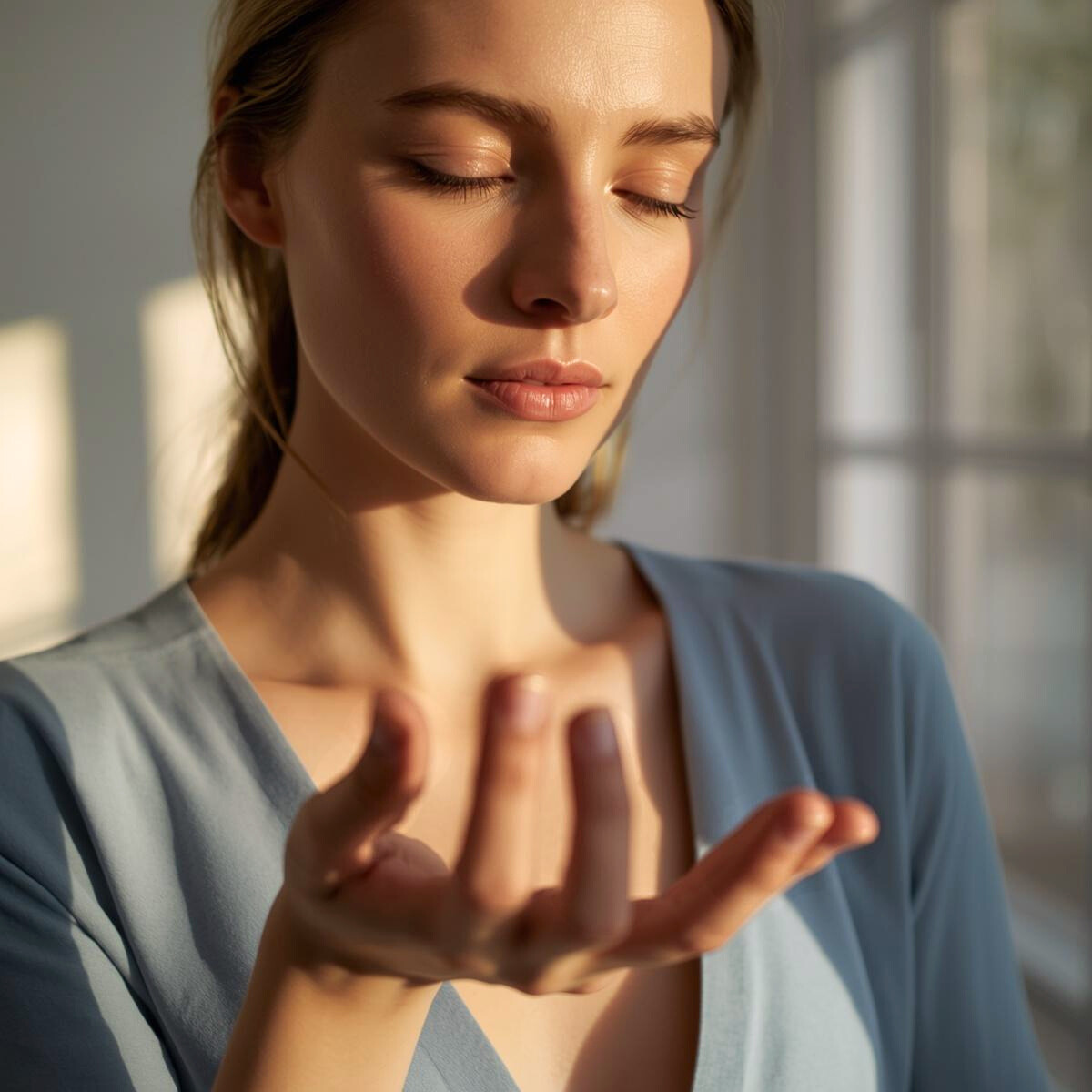 Femme aux yeux fermés, main ouverte vers le haut baignée de lumière naturelle, dans une posture d'accueil et de connexion intuitive, évoquant l'identification d'une capacité spirituelle dominante