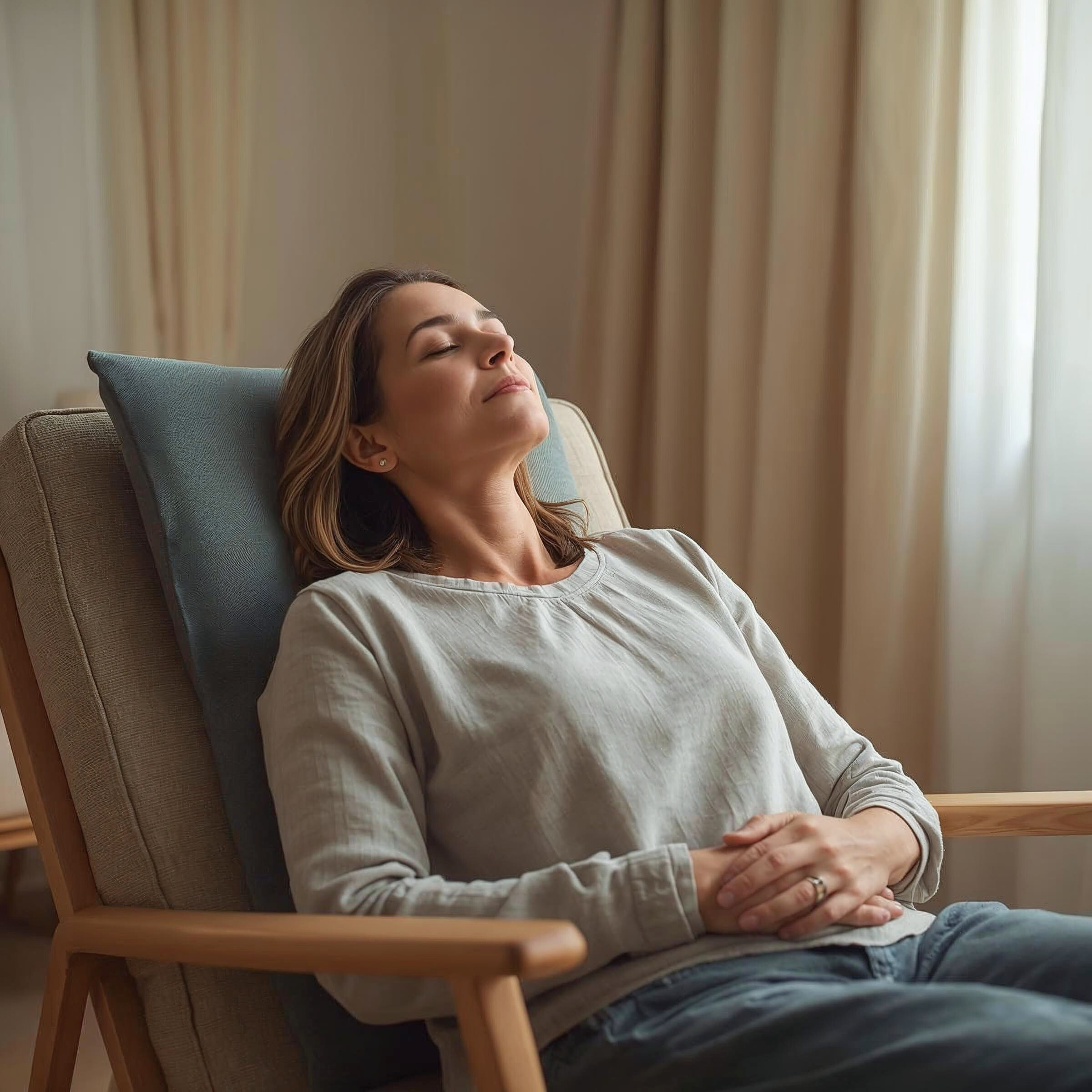 Femme détendue dans un fauteuil en bois, yeux fermés et mains posées, en séance d'hypnothérapie pour reprogrammer ses schémas inconscients et retrouver un équilibre intérieur