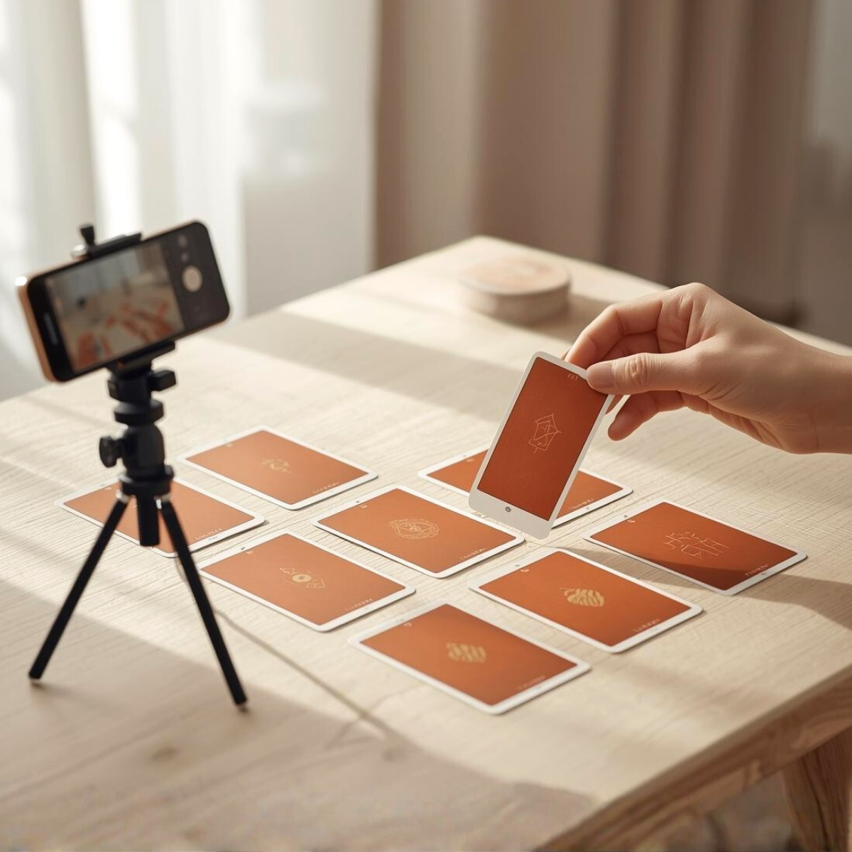 Consultation de voyance en vidéo enregistrée – tirage de cartes oracles filmé par smartphone sur trépied, réalisé par Alexandra M.