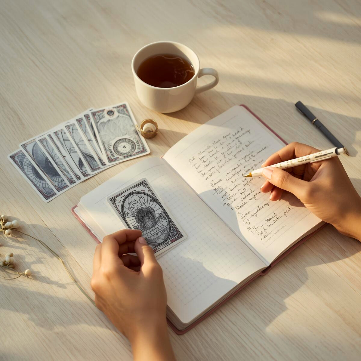 Personne qui apprend à tirer les cartes d'oracle en prenant des notes, séance d'initiation à la cartomancie pour débutants