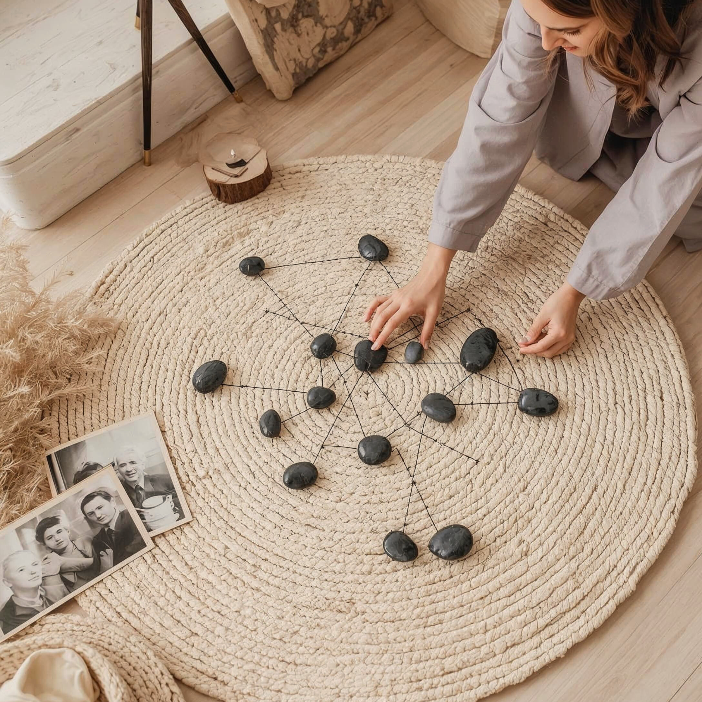 Thérapeute disposant des galets noirs reliés par des fils sur un tapis rond lors d'une séance de constellation familiale en visio  