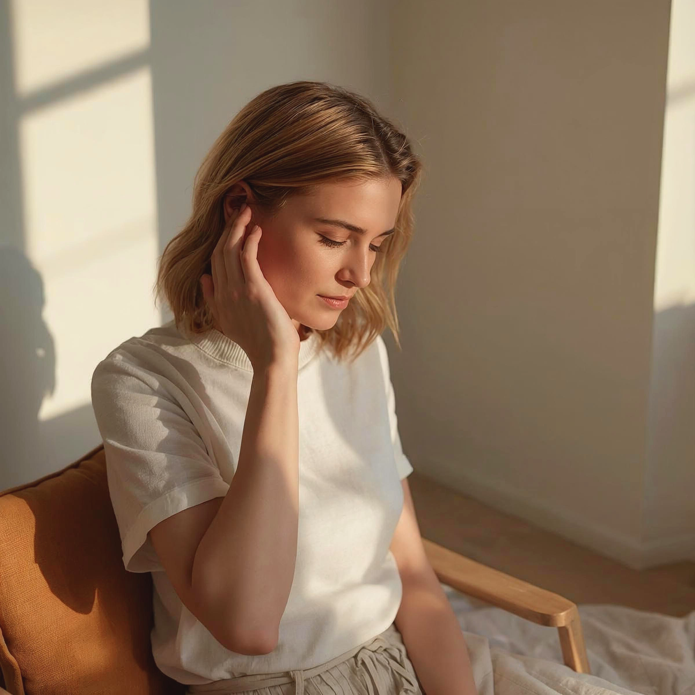 Femme assise dans un fauteuil, yeux fermés et main posée sur l'oreille, dans une atmosphère calme et lumineuse, évoquant une séance de médiumnité pure