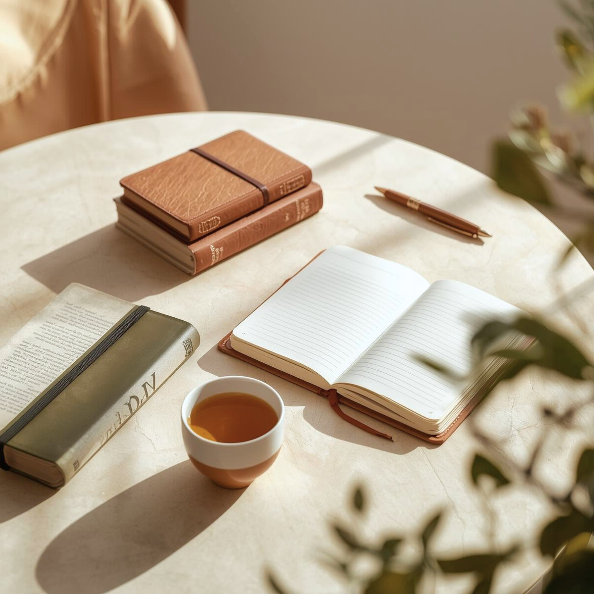 Carnets, livre ouvert, stylo et tasse de thé sur une table ronde dans une lumière dorée, illustrant un espace de consultation et d'accompagnement personnel EsoLab