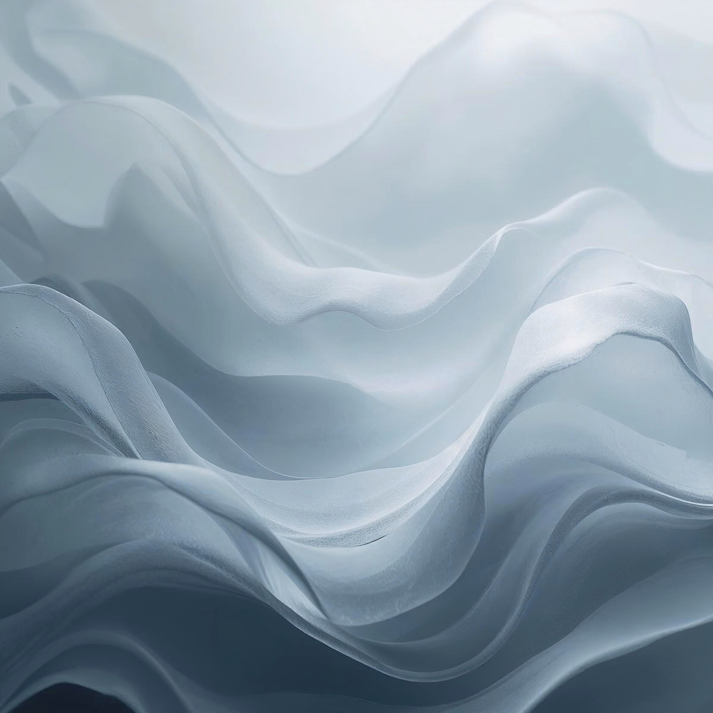 Vagues de tissu bleu clair et blanc aux formes fluides et apaisantes, illustration abstraite évoquant la lecture des Annales akashiques et l'accès aux mémoires profondes de l'âme  