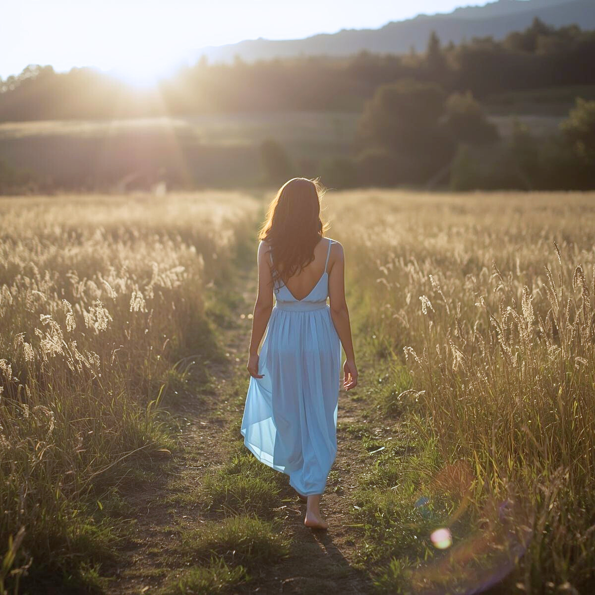 Femme marchant seule vers la lumière dans un champ, illustration d'une consultation sur le parcours de vie et les grandes étapes spirituelles