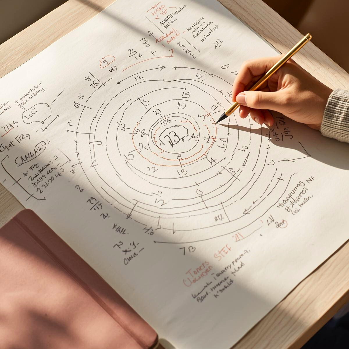 Main tenant un stylo doré annotant un schéma numérique en spirale sur papier, illustration d'un thème numérologique et d'une analyse de chemin de vie