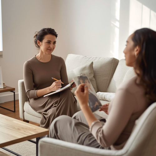 Accompagnatrice à l'écoute d'une femme tenant une photo lors d'une séance d'accompagnement au deuil en visio ou en présentiel, dans un salon lumineux et apaisant  