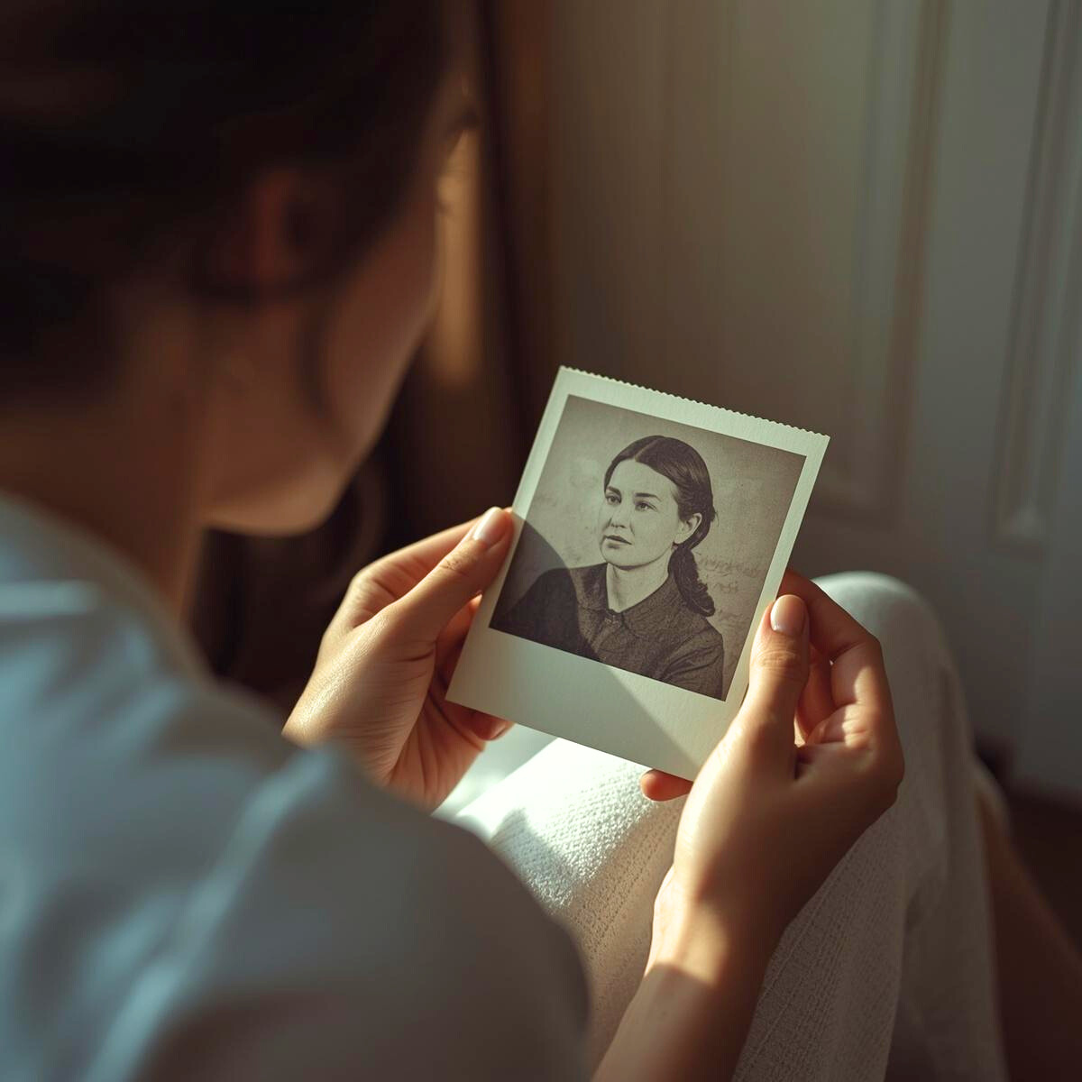 Mains tenant une photographie ancienne d'une femme disparue, séance de médiumnité pour communiquer avec un proche défunt et recevoir ses messages