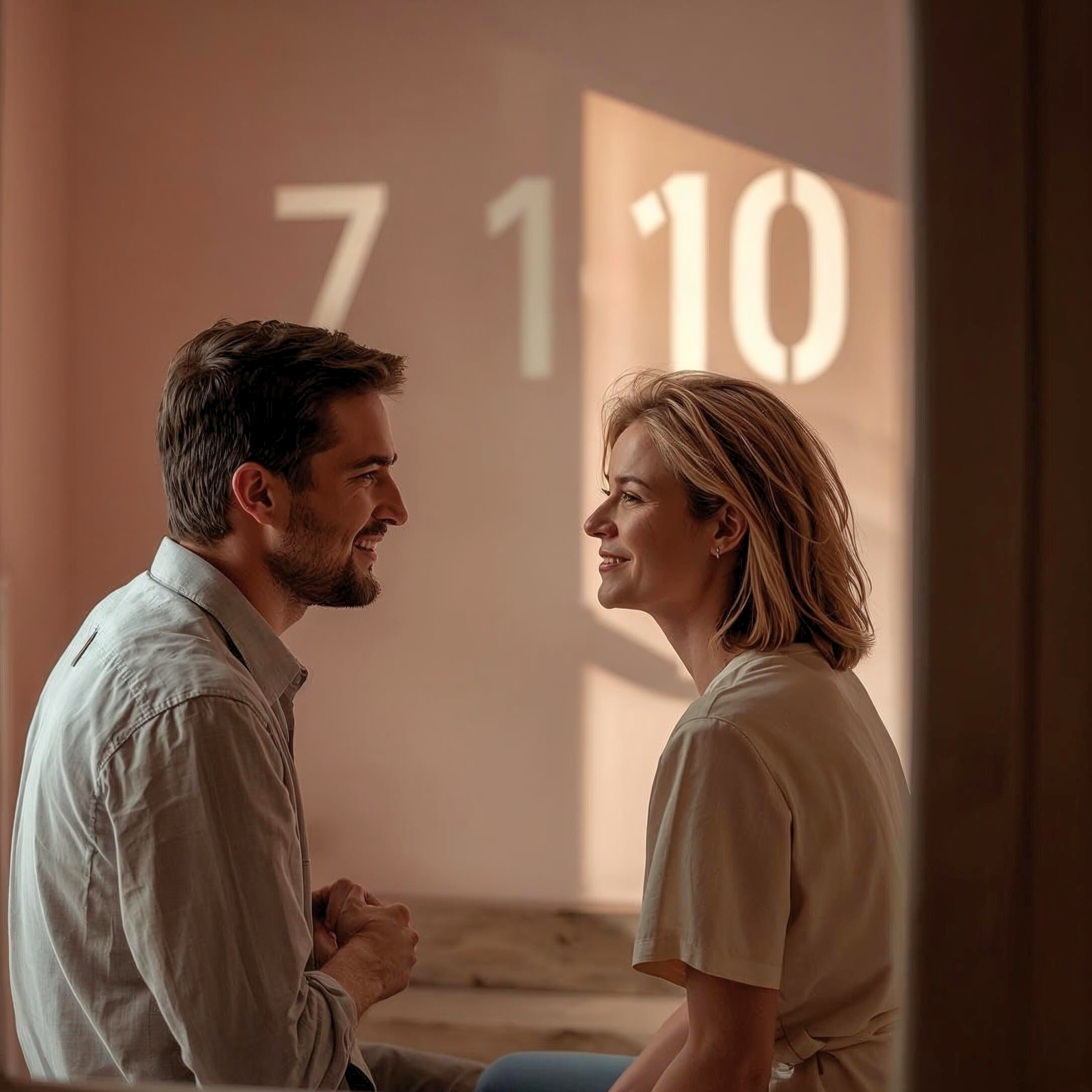 Couple se souriant face à face dans une lumière chaleureuse avec des chiffres projetés au mur, consultation de compatibilité amoureuse en numérologie