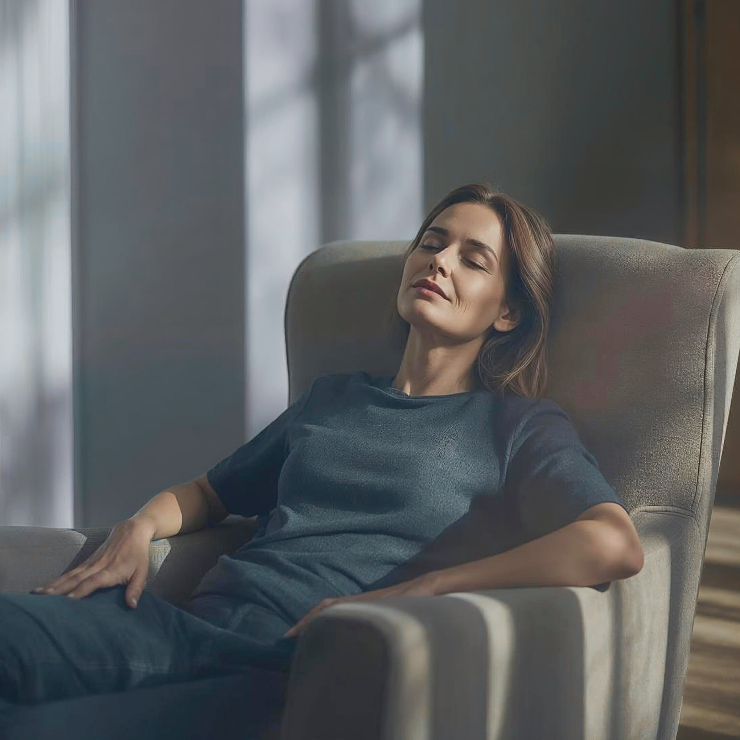 Femme allongée dans un fauteuil, yeux fermés et corps détendu, en état d'hypnose régressive pour explorer l'origine de ses blocages émotionnels et inconscients  