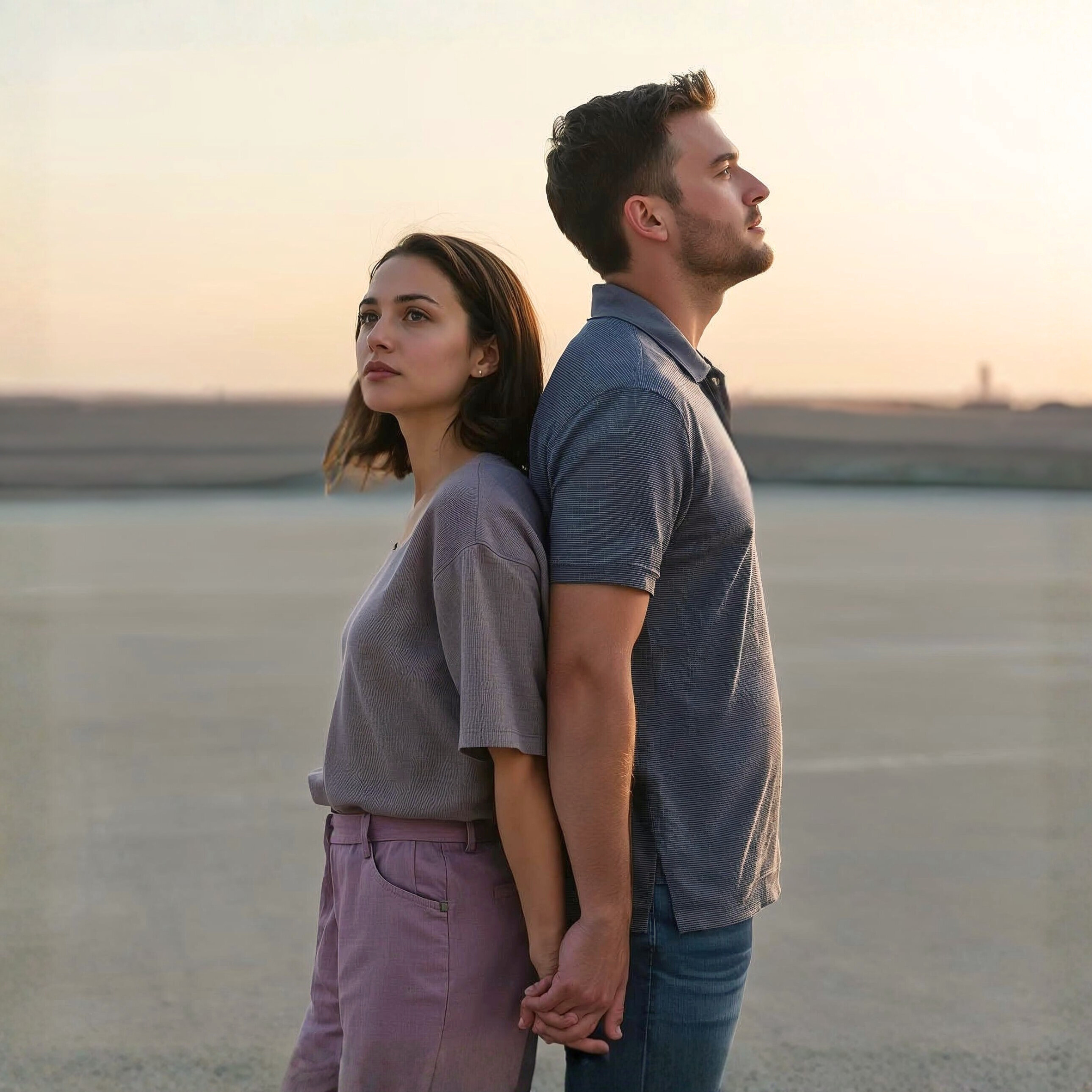 Couple dos à dos se tenant la main au coucher du soleil, illustrant la dynamique chaser runner dans le parcours des flammes jumelles 