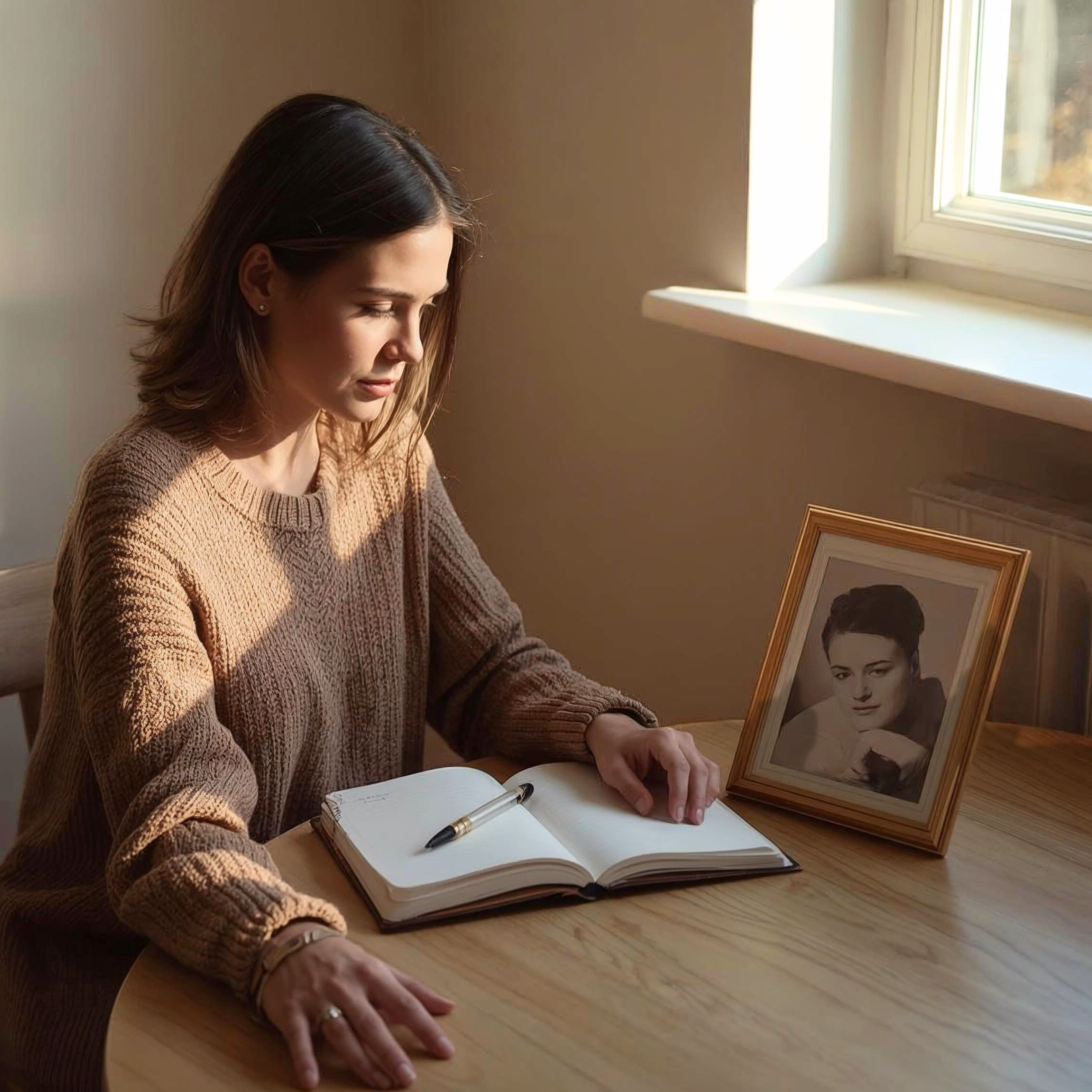 Femme recueillie devant un journal ouvert et une photo encadrée en noir et blanc d'un proche disparu, dans une lumière douce et apaisante, évoquant une séance de contact médiumnique 