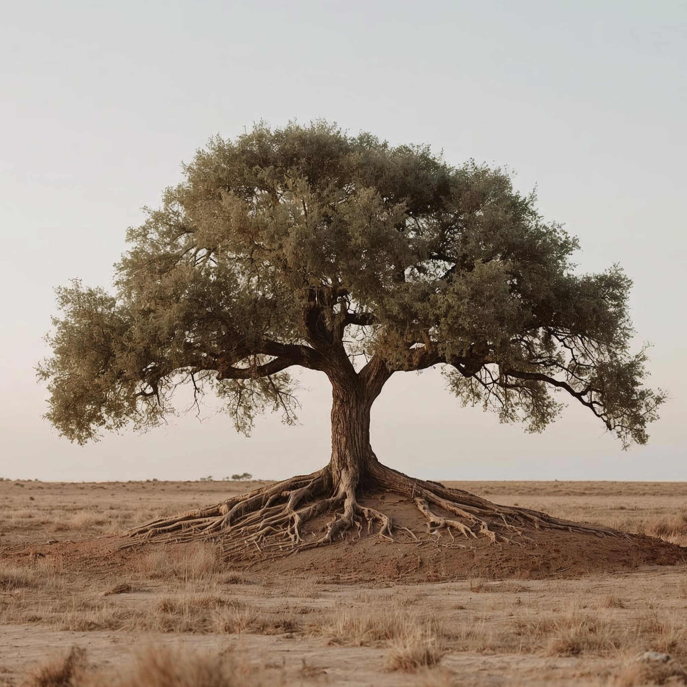 Arbre solitaire aux racines apparentes et profondes dans une plaine aride, symbole de libération des blocages familiaux et transgénérationnels  