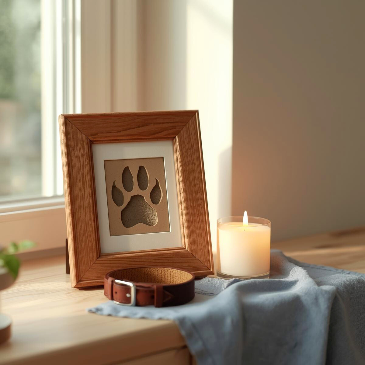 Cadre souvenir avec empreinte de patte et collier d'animal posés près d'une bougie, séance de médiumnité animale pour communiquer avec un animal défunt