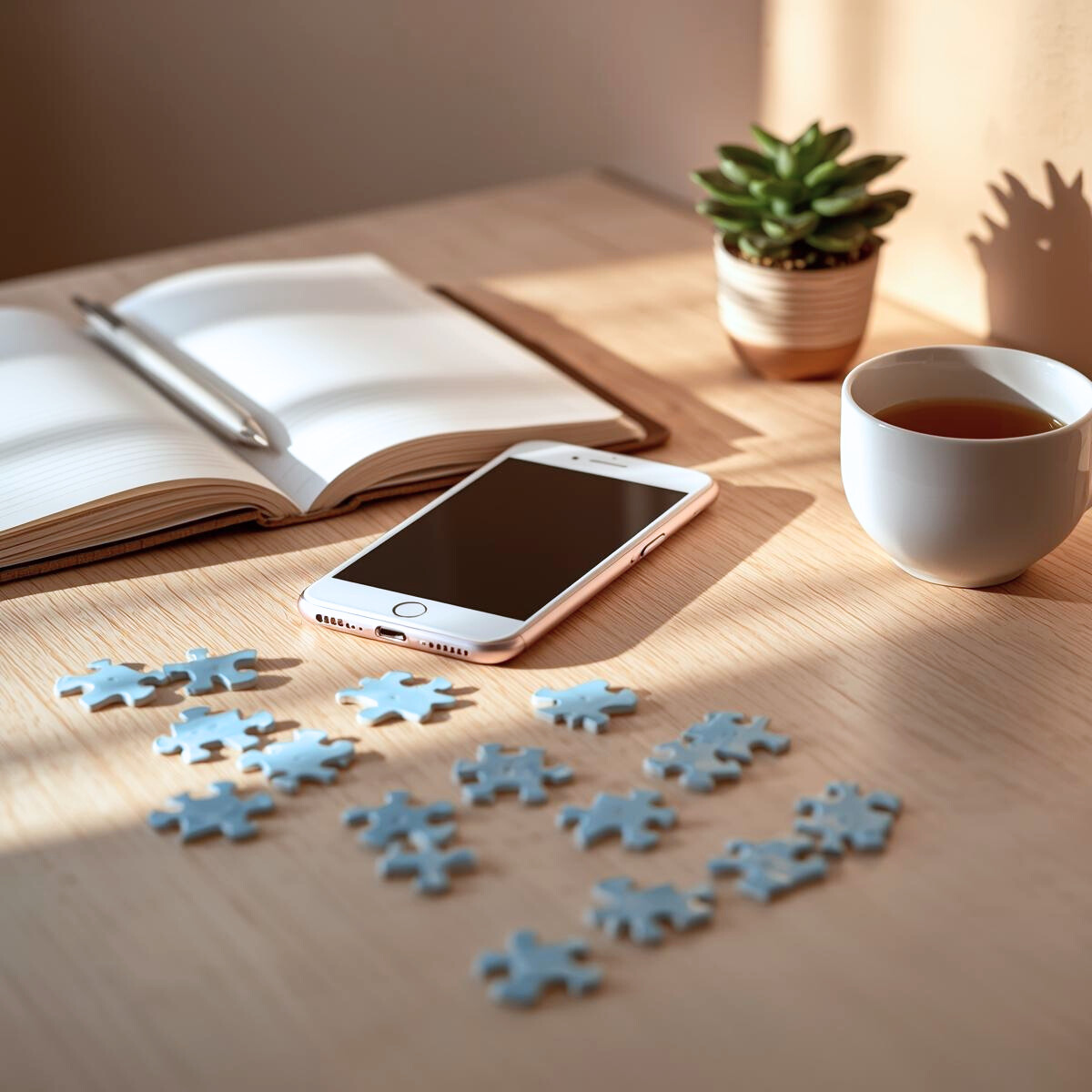 Bureau épuré avec pièces de puzzle éparpillées, smartphone, carnet ouvert et tasse de thé, évoquant un bilan express pour identifier l'origine d'un blocage