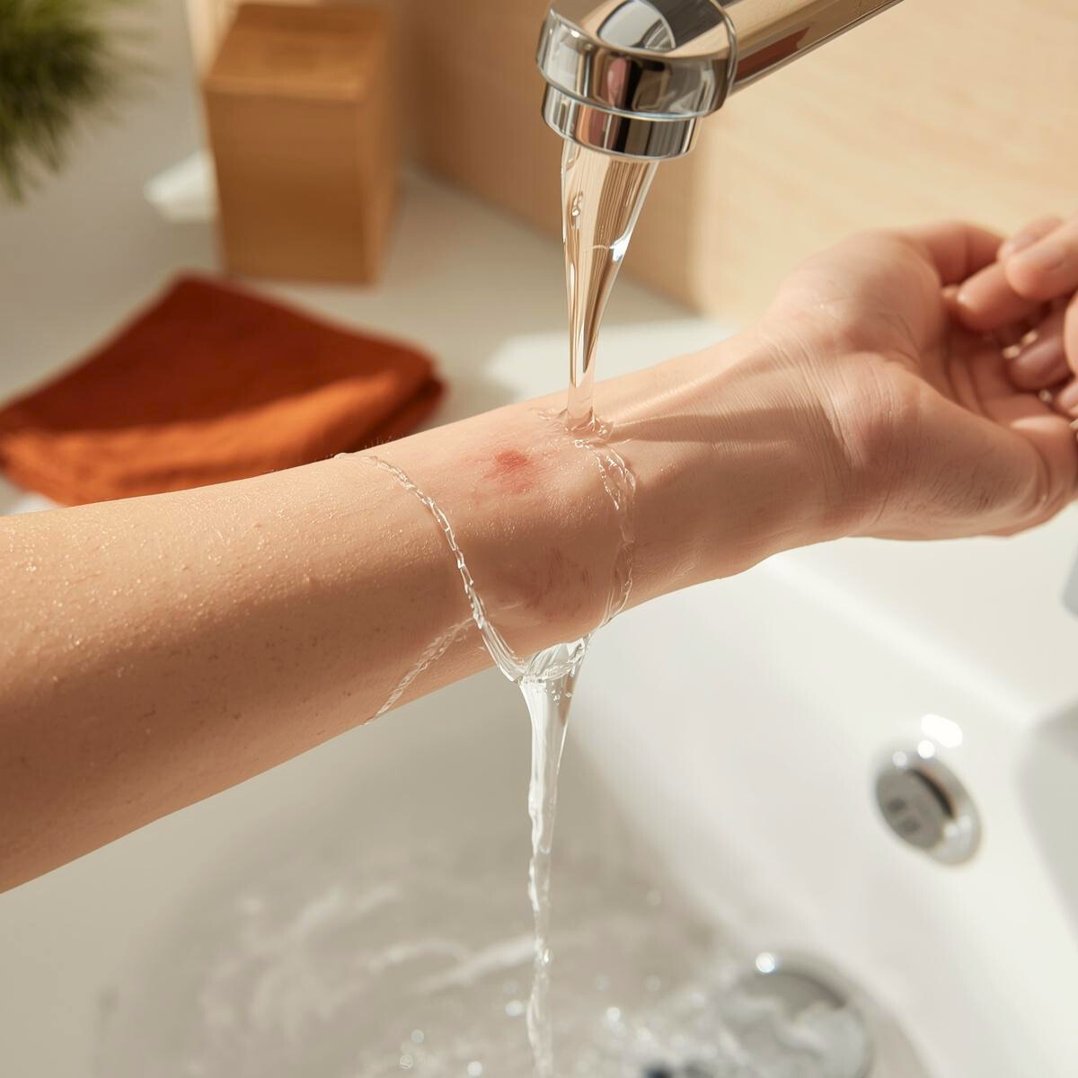 Poignet avec brûlure rincé sous l'eau courante – soin énergétique coupe-feu pour soulagement des brûlures à distance par Alexandra M.