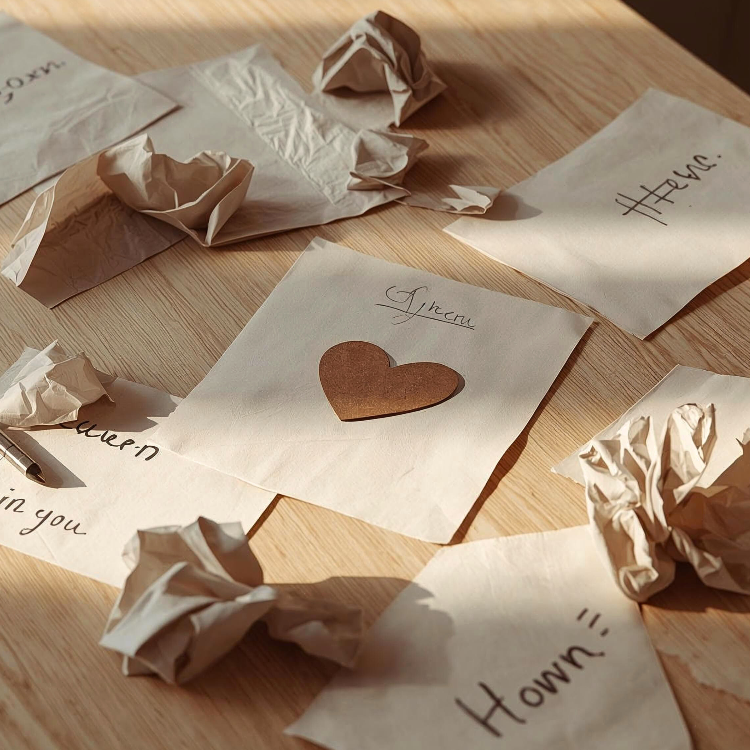 Feuilles de papier froissées et messages manuscrits éparpillés sur une table en bois, avec un cœur dessiné au centre, évoquant la libération des blocages sentimentaux  