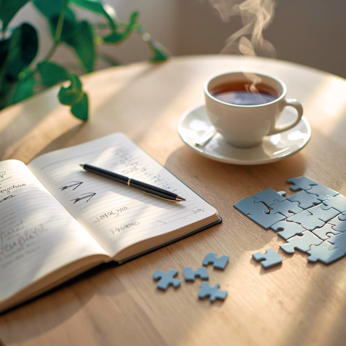 Carnet ouvert avec notes manuscrites, stylo, tasse de thé fumante et pièces de puzzle partiellement assemblées, évoquant une étude approfondie pour comprendre l'origine d'un blocage