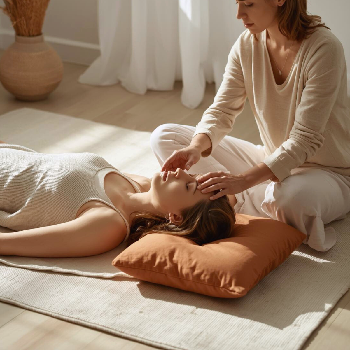 Praticienne réalisant un soin énergétique sur une femme allongée – harmonisation des chakras et rééquilibrage énergétique