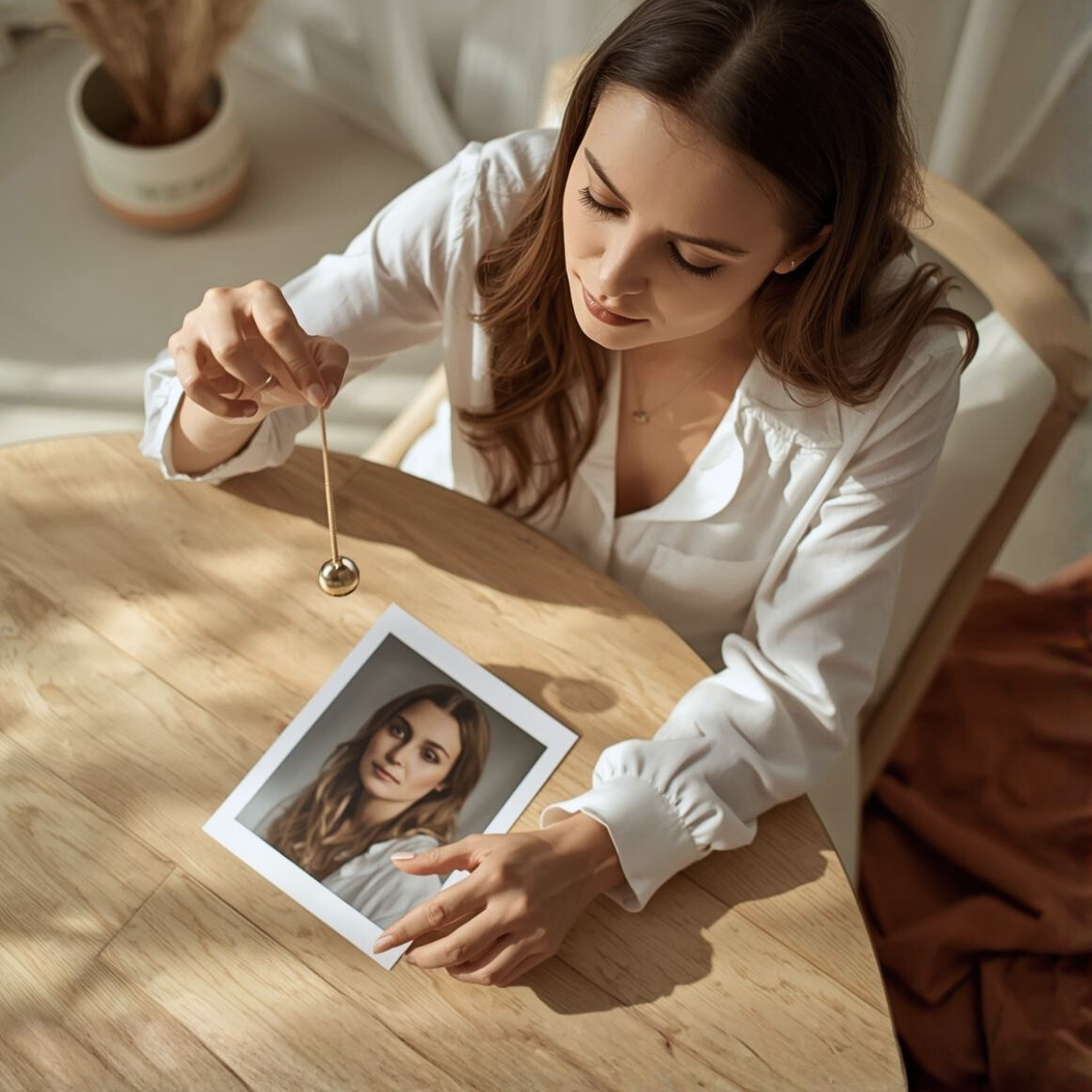 Praticienne utilisant un pendule au-dessus d'une photo lors d'une séance de soin énergétique à distance pour un rééquilibrage global  