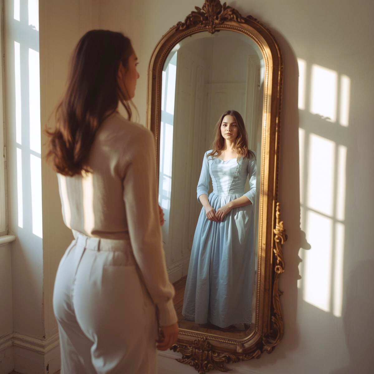 Femme de dos regardant son reflet dans un grand miroir doré où elle apparaît vêtue d'une robe d'époque, évoquant l'exploration d'une mémoire de vie antérieure