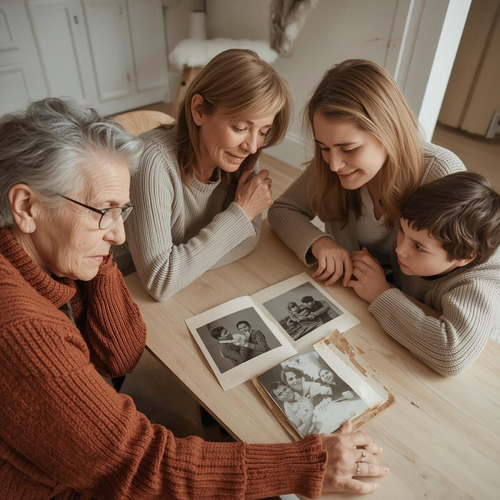 Trois générations de femmes et un enfant réunis autour d'un album de photos de famille en noir et blanc, évoquant un travail de libération transgénérationnelle et karmique  