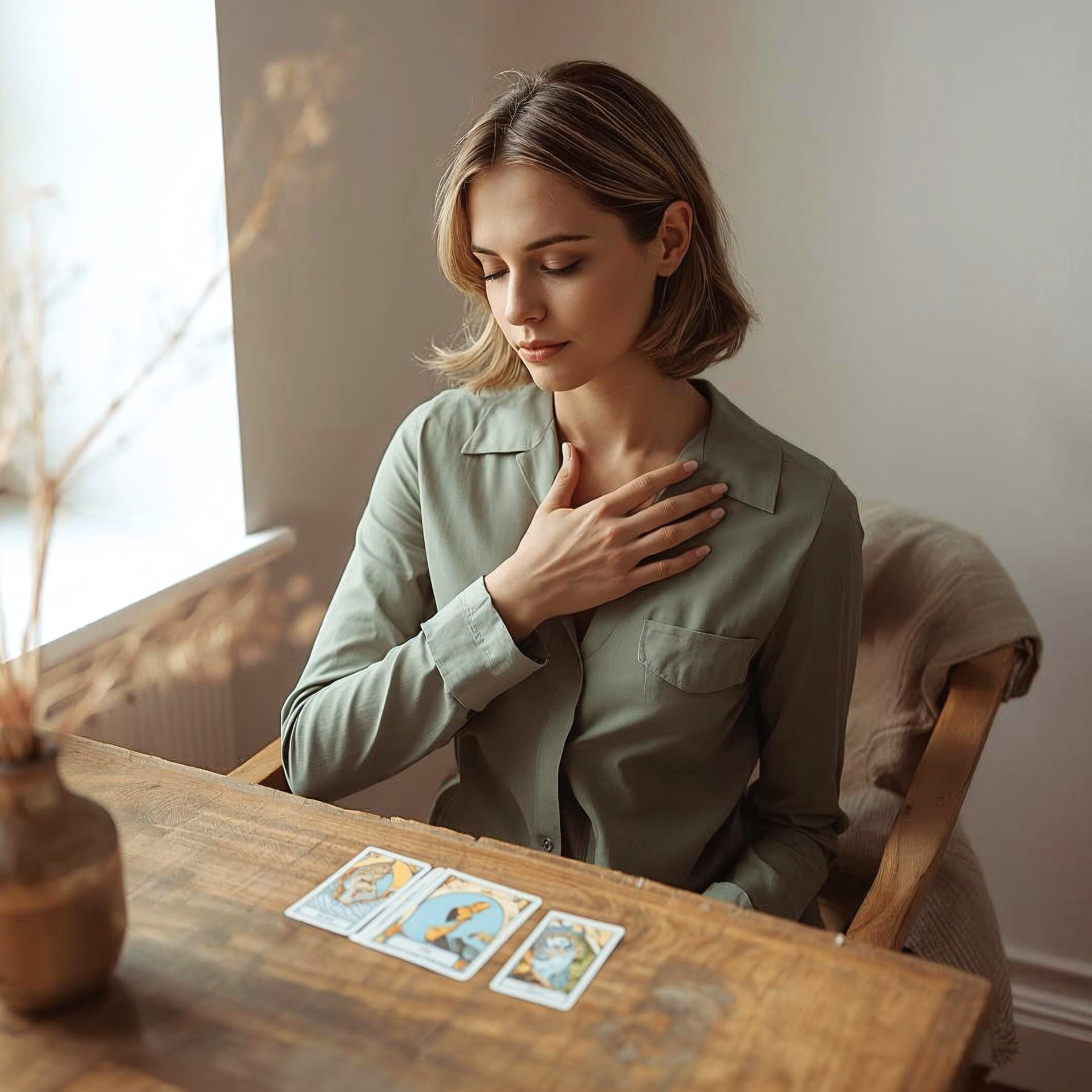 Femme les yeux fermés la main sur le cœur devant des cartes de tarot posées sur une table en bois, consultation de guidance intuitive et médiumnité