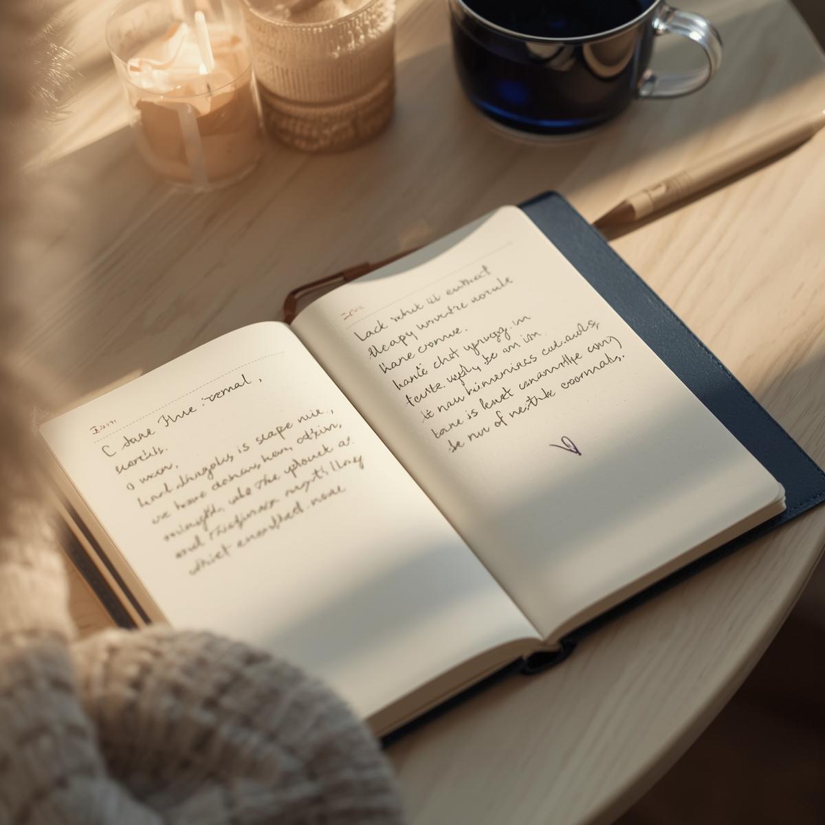 Journal intime ouvert avec des notes manuscrites posé sur une table, bougie allumée, évoquant l'accompagnement émotionnel et le travail intérieur  