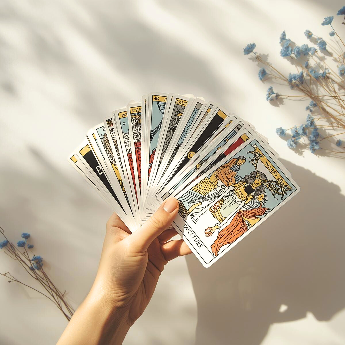 Main tenant un éventail de cartes de tarot colorées sur fond blanc avec fleurs séchées bleues, consultation de voyance intuitive et cartomancie