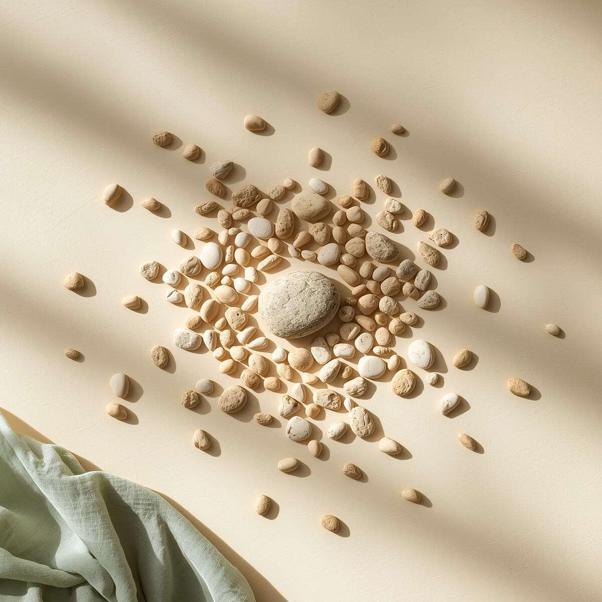 Pierres disposées en spirale harmonieuse sur fond neutre et lumineux, symbole d'un soin de réunification intérieure pour se reconnecter à soi après un choc émotionnel