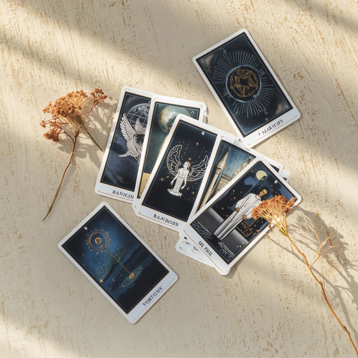Tirage de cartes de tarot et oracle étalées sur une surface claire avec fleurs séchées – consultation de voyance médiumnique et cartomancie par Amandine